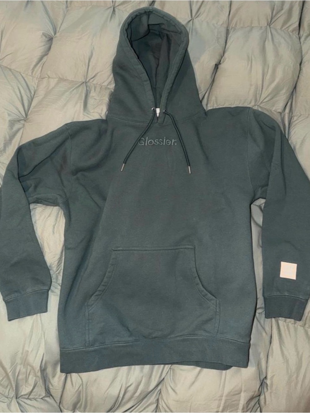 Glossier Dark Teal Pullover Hoodie with Embroidered Logo